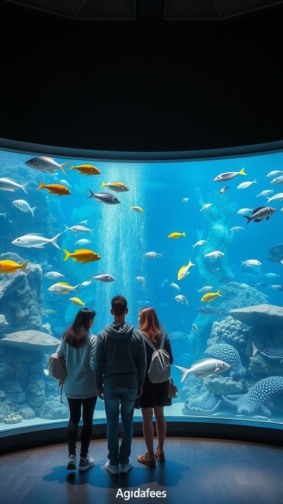 Two women and a man looking at a large aquarium filled with colorful fish.