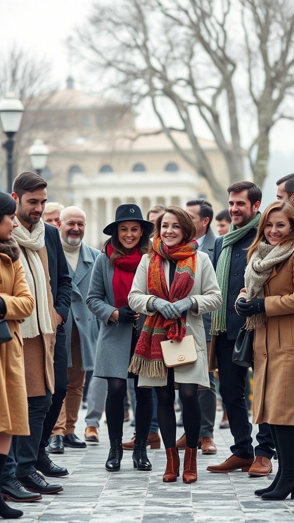 A group of well-dressed guests in winter attire, smiling and standing together outside during a winter wedding.