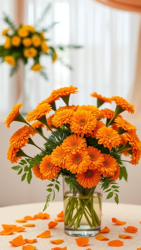 A vibrant bouquet of orange marigolds in a glass vase on a table, with yellow marigolds in the background and orange petals scattered around.