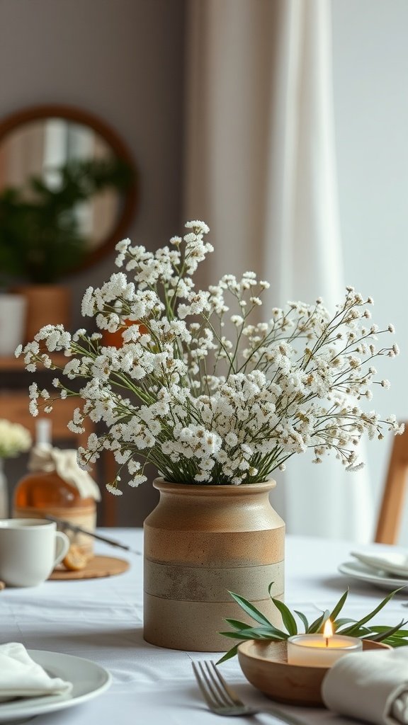 A whimsical baby’s breath arrangement in a ceramic vase on a dining table.