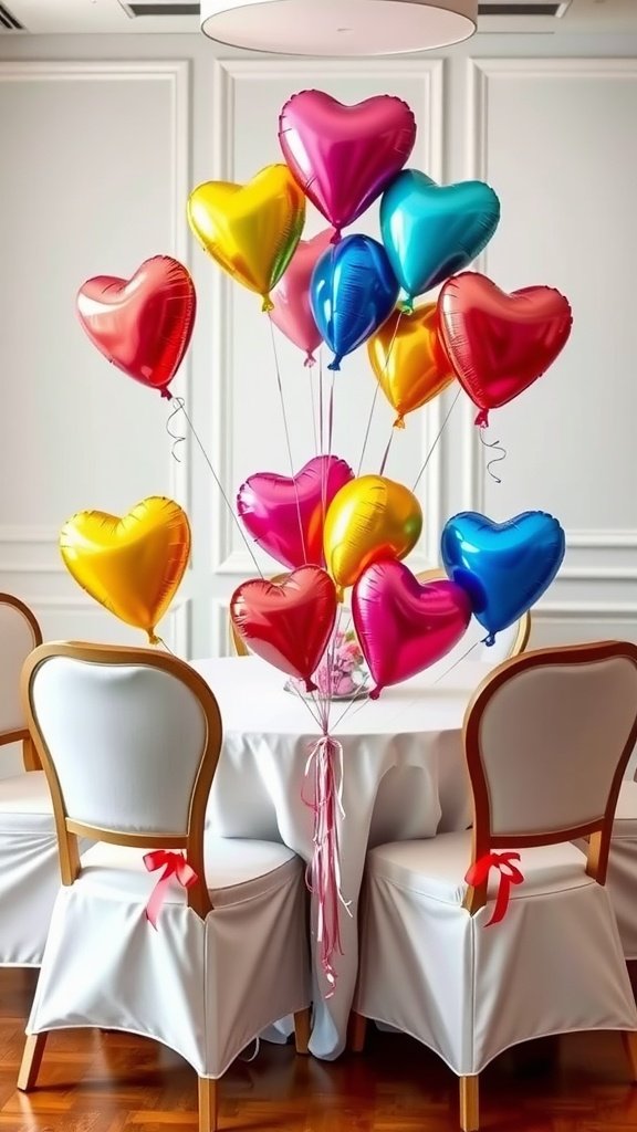 A table decorated for Valentine's Day with heart-shaped balloons in various colors, creating a festive atmosphere. Valentines Table Decor