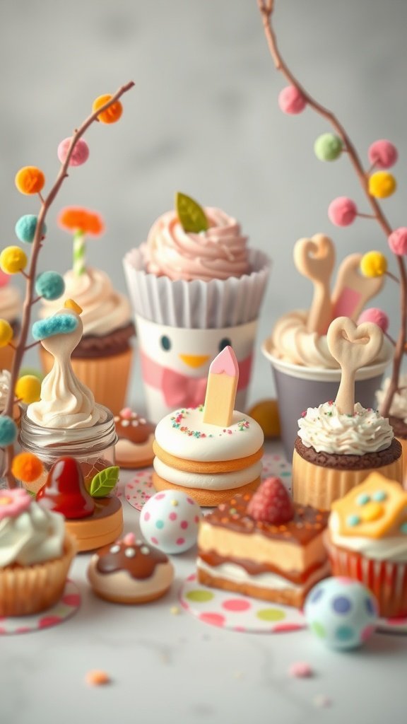 A colorful assortment of whimsical desserts on a table, including cupcakes, cookies, and candy.