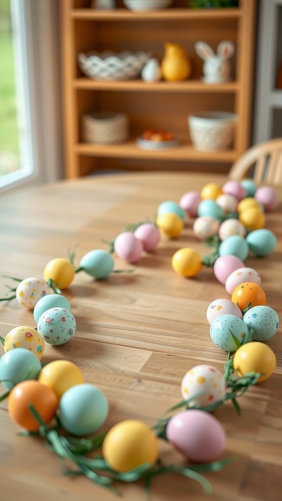 Colorful Easter egg garland on a wooden table with a bright, cheerful atmosphere.