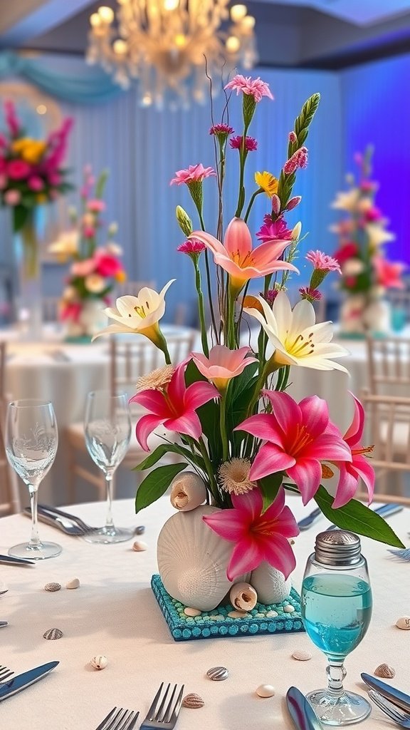 Colorful flower centerpiece for a mermaid party featuring shells and vibrant blooms.