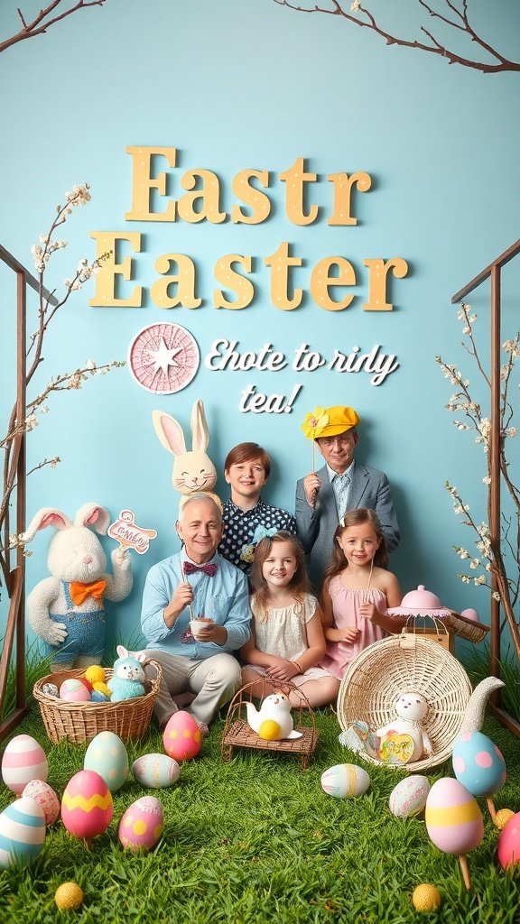 Colorful Easter photo booth setup with family and festive decorations