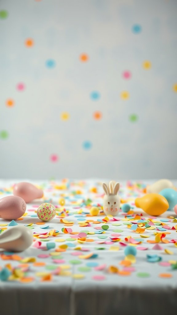 A table decorated with colorful confetti and Easter-themed items including eggs and bunny figurines.