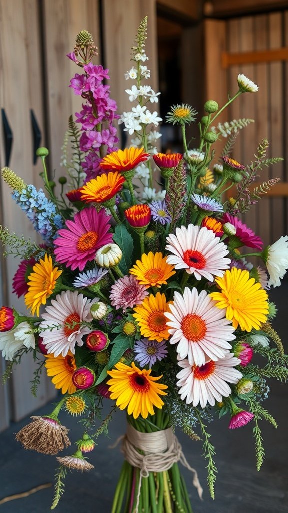 A colorful bouquet of wildflowers, including daisies, gerberas, and various wild blooms, tied with natural twine.