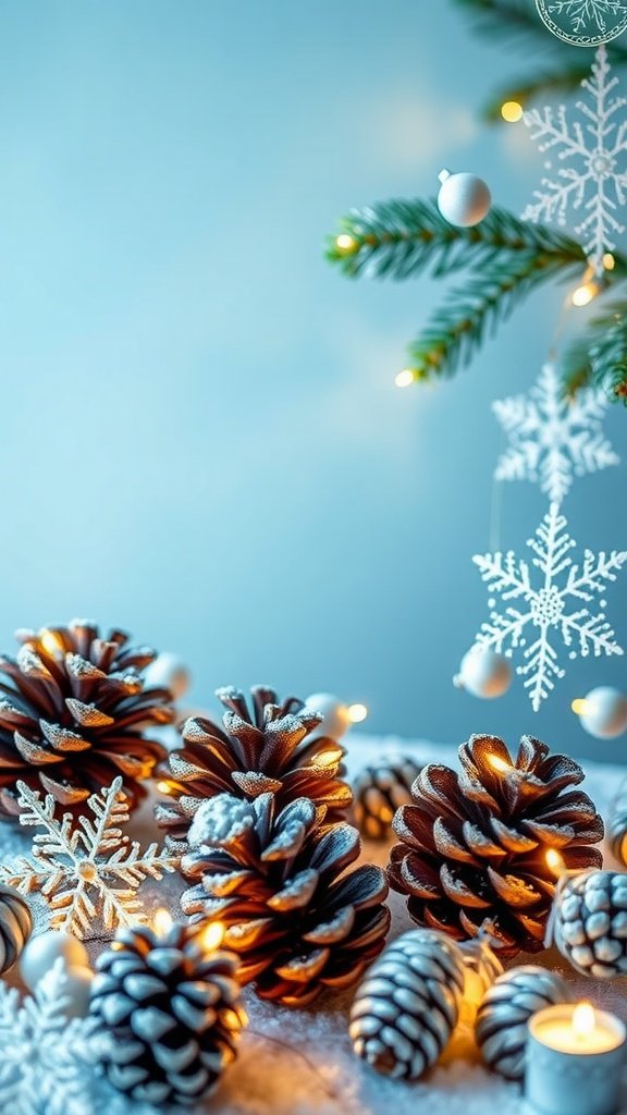 A whimsical winter decor setup featuring pinecones, snowflakes, and candles.
