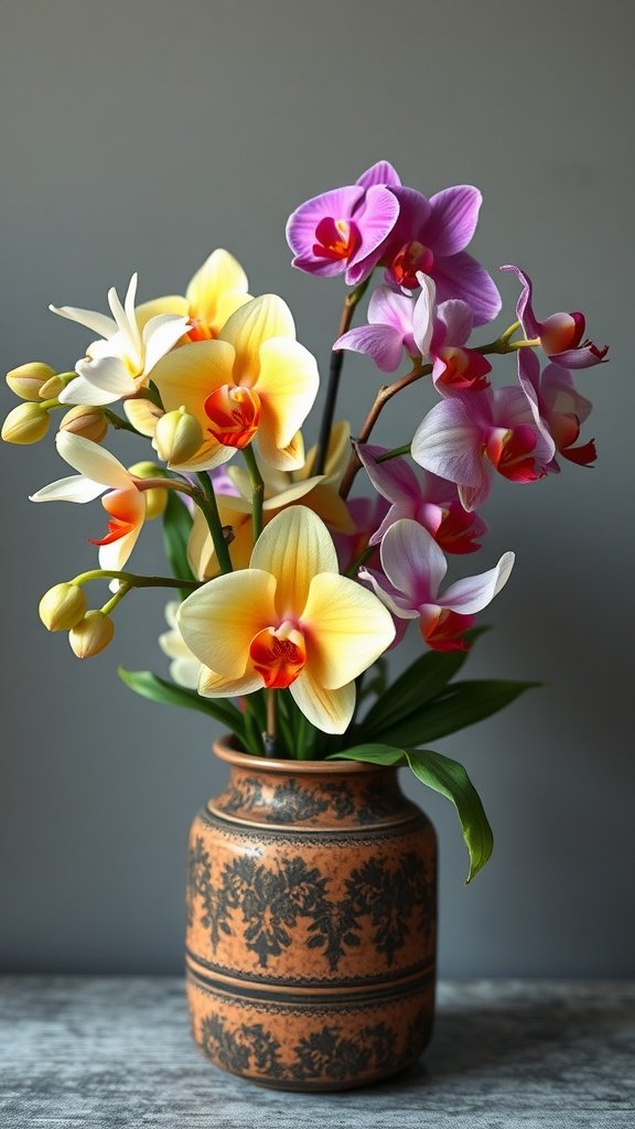 A colorful bouquet of orchids in a handcrafted vase, showcasing vibrant yellow and pink flowers against a neutral background.