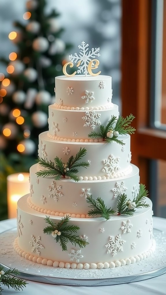 A beautifully decorated winter wedding cake with snowflake designs and evergreen accents.