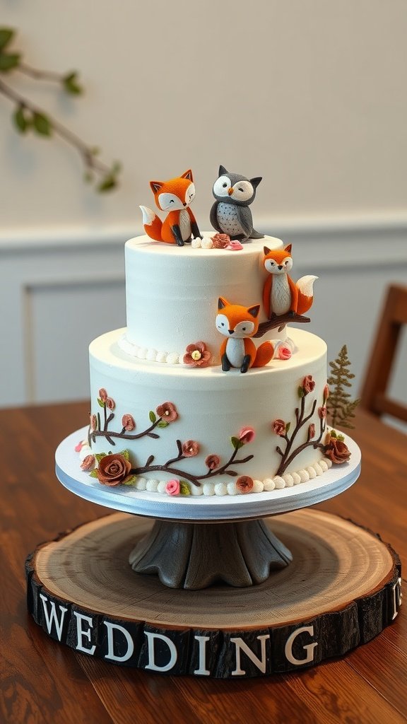 35 Enchanting Forest Wedding Cake Recipes for Your Dream Celebration A whimsical woodland creatures wedding cake featuring fox and owl decorations.