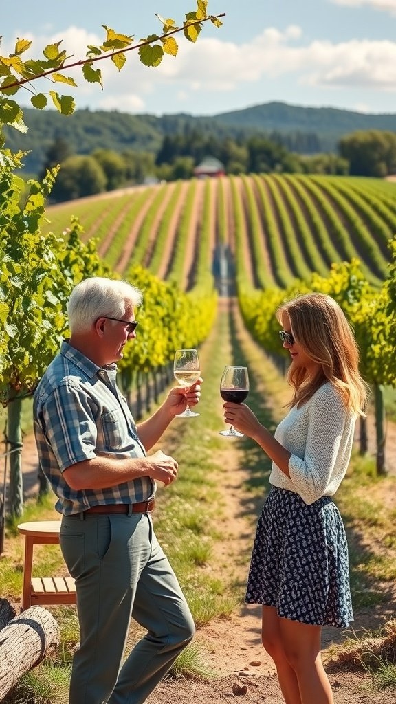 Couple enjoying wine at a vineyard with rows of grapevines in the background. Double Date Ideas