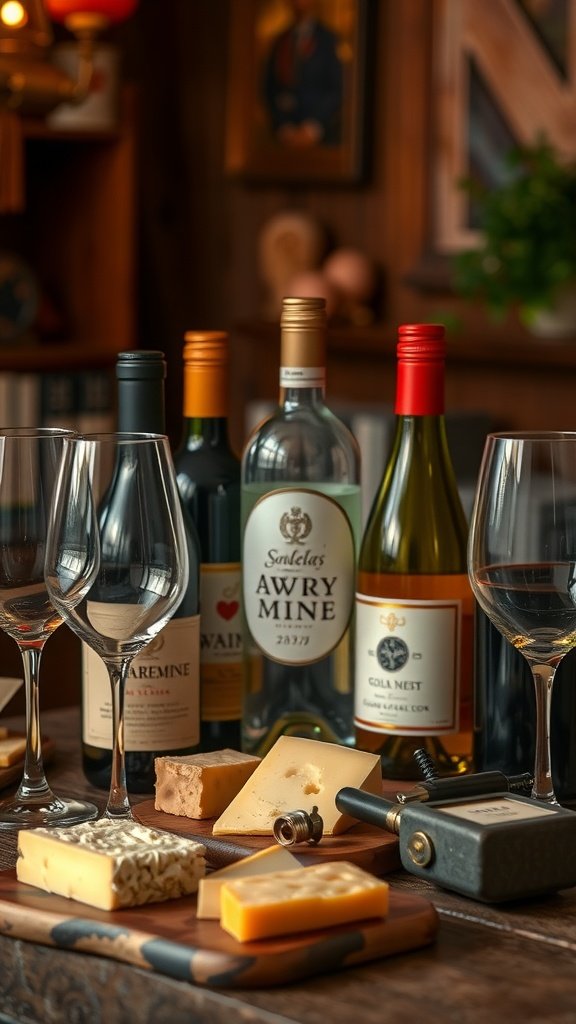 A cozy wine tasting setup with bottles of wine and an assortment of cheeses on a wooden table. Indoor Date Ideas