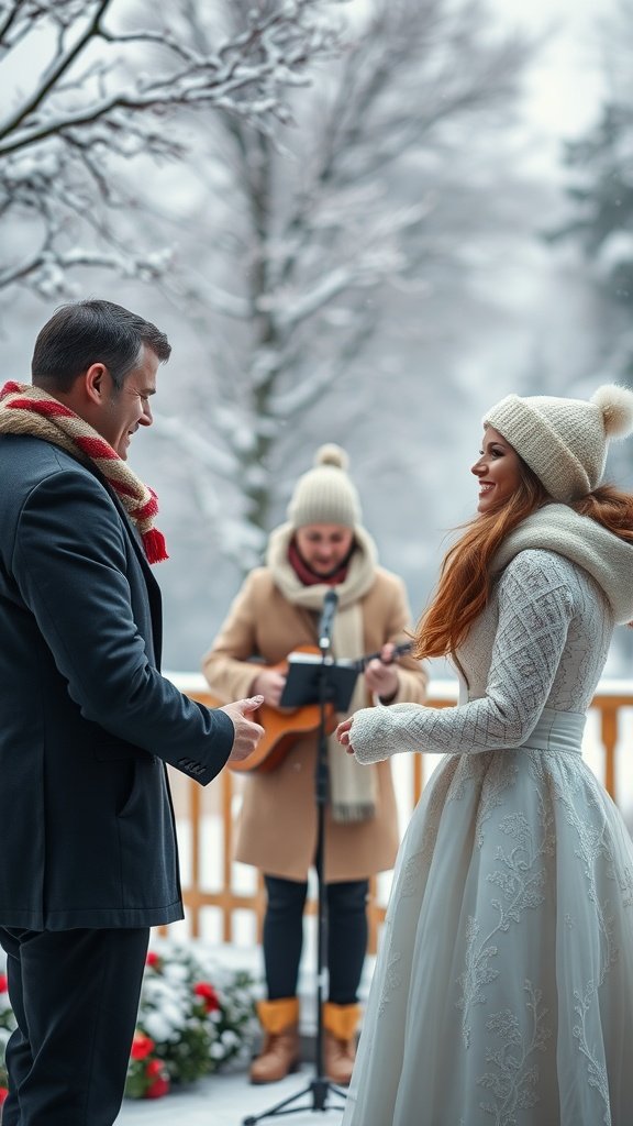 A couple smiling at each other during a winter wedding ceremony with a musician playing in the background
