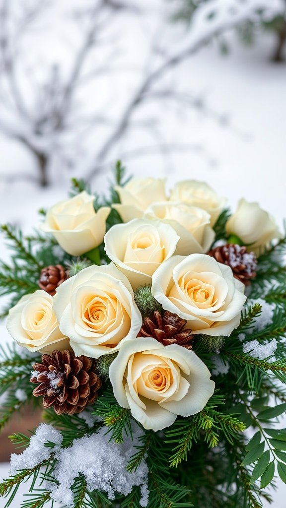 Winter-themed floral arrangement featuring creamy roses, pinecones, and evergreen branches with snow in the background.