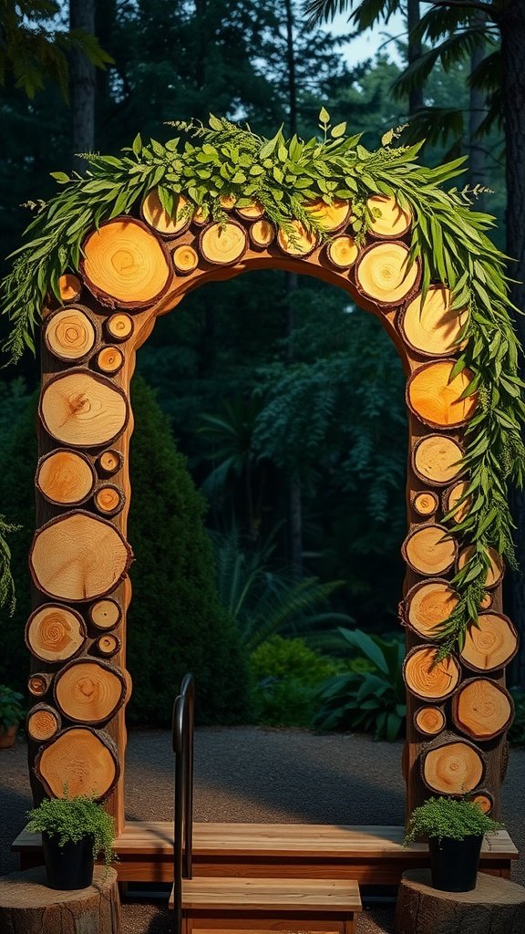 Wood slice arch adorned with greenery in a natural setting