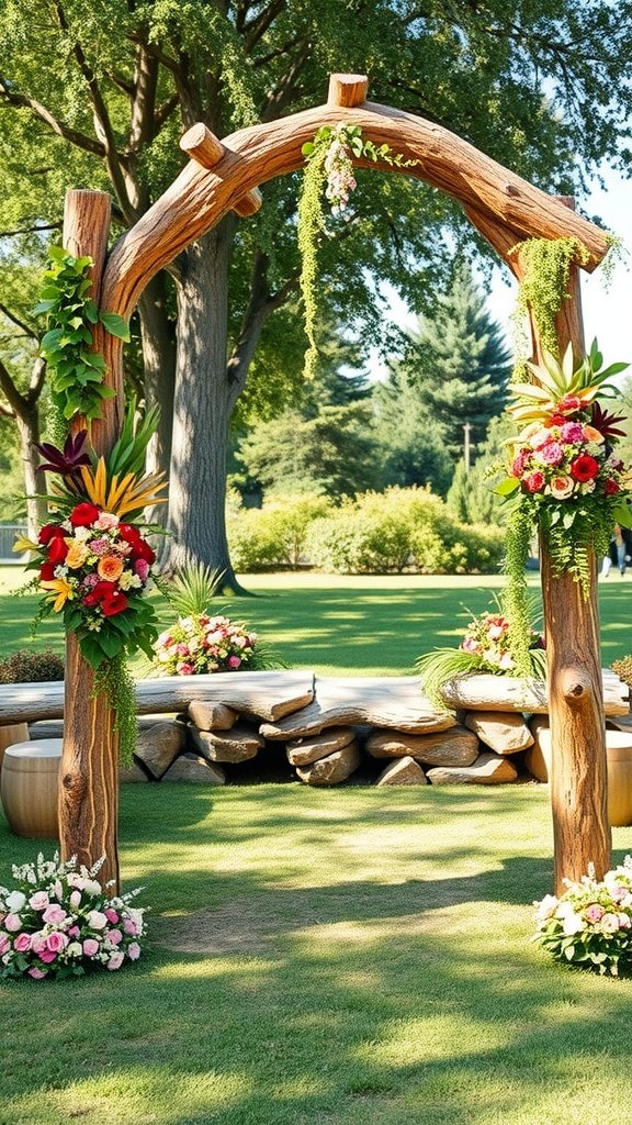 A rustic wooden log arch adorned with colorful floral arrangements, set in a green outdoor environment.