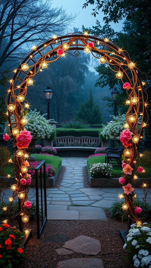 A wrought iron arch decorated with fairy lights and pink flowers in a garden setting.
