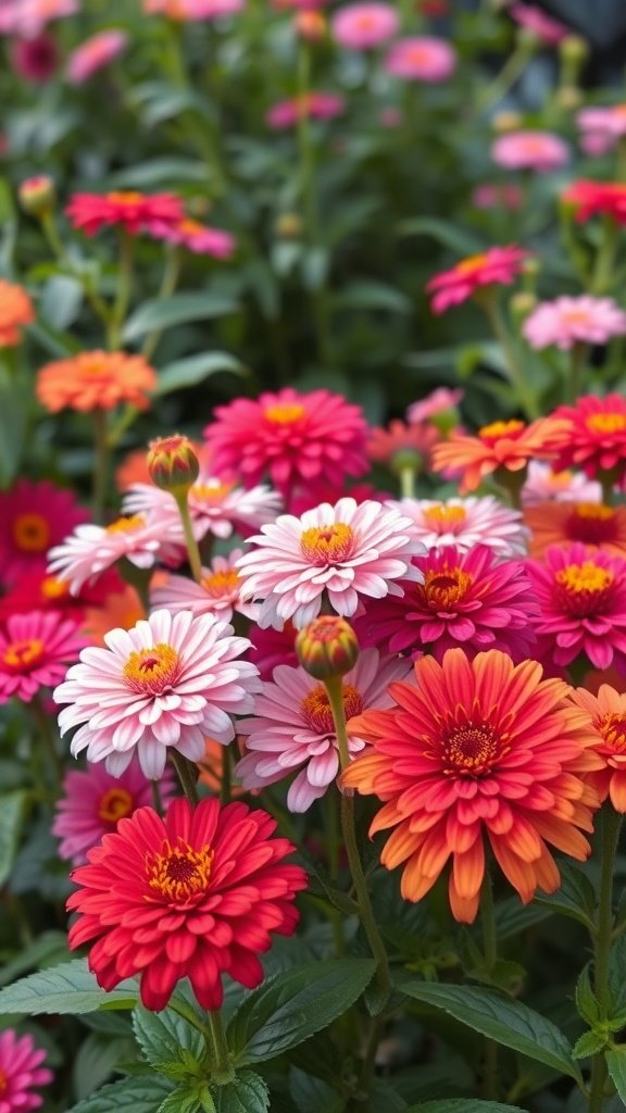 Colorful zinnias in shades of red, pink, and orange in a garden setting