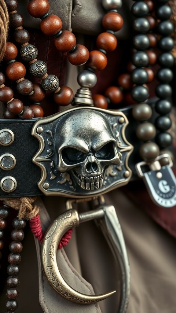 Close-up of pirate costume accessories including a skull belt buckle, beaded necklaces, and a hook hand.