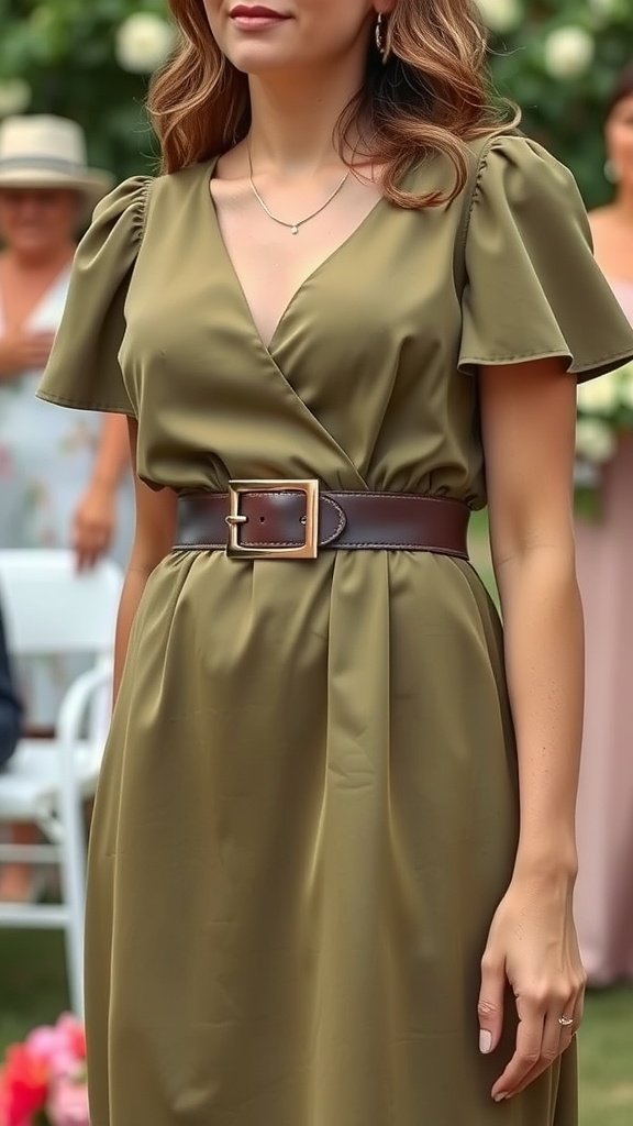 A woman wearing an olive green dress with a statement belt at a wedding.