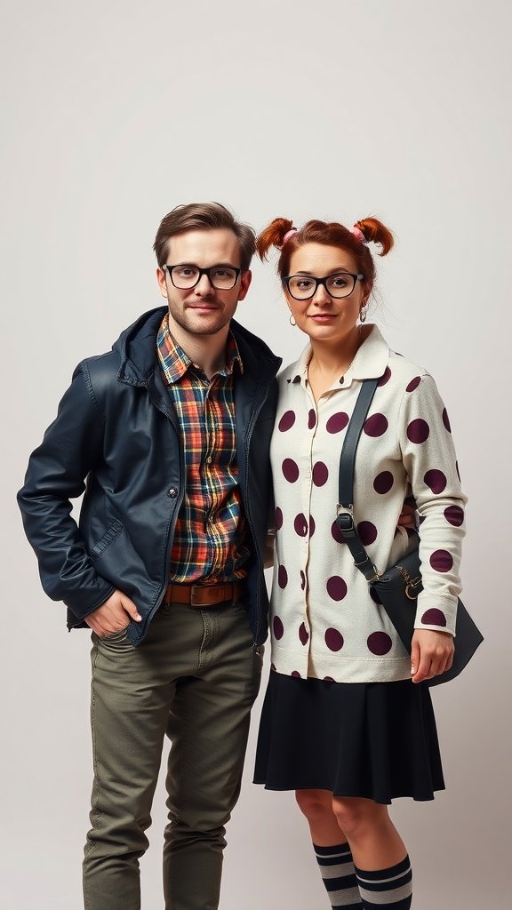 A couple dressed in nerdy costumes, with the man in a plaid shirt and the woman in a polka-dot cardigan.