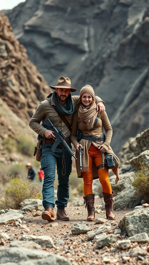 A couple dressed as adventure movie characters, with the man in tactical gear and a hat and the woman in a stylish outfit with a scarf and orange pants, standing in a rocky outdoor setting.