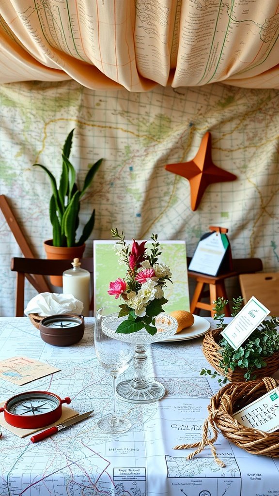 An adventure themed bridal shower setup with maps, flowers, and travel decor.