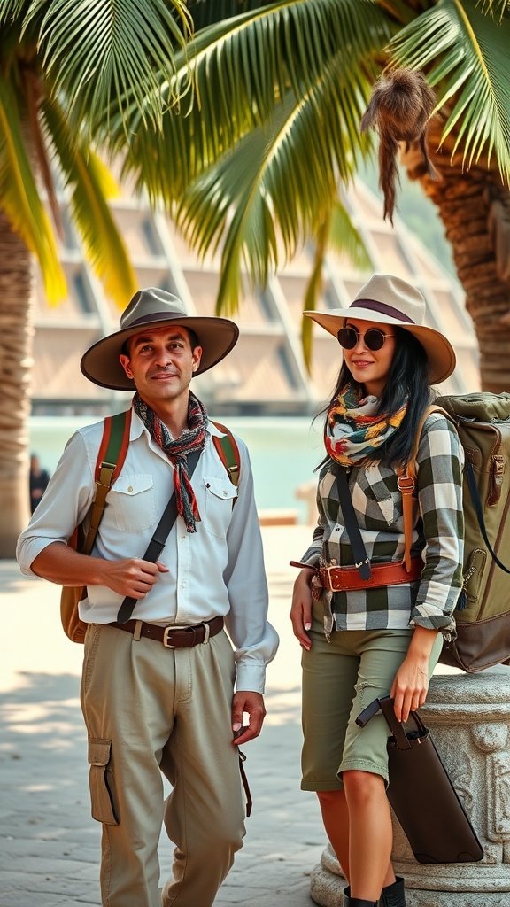 A couple dressed as adventurous explorers, wearing khaki outfits, hats, and backpacks, standing in a tropical setting.