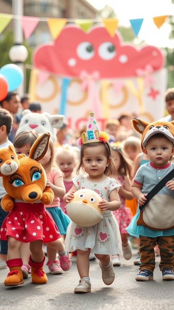 Children in animal costumes participating in a parade during a birthday party