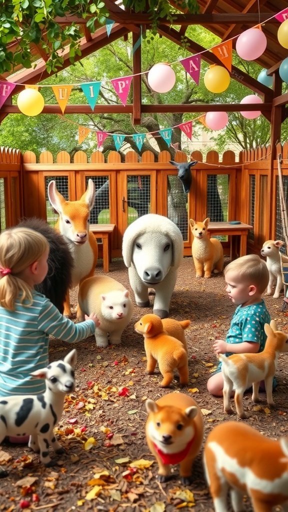 Kids playing with soft toy animals in a decorated petting zoo