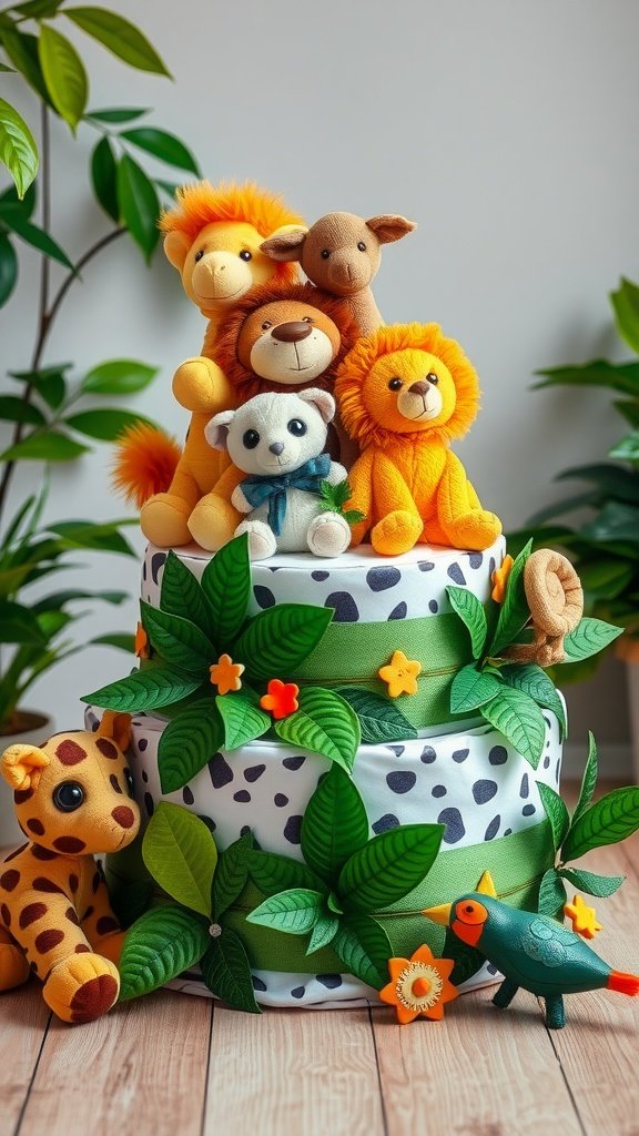 A beautifully crafted Animal Safari Diaper Cake decorated with plush toy animals and green foliage.