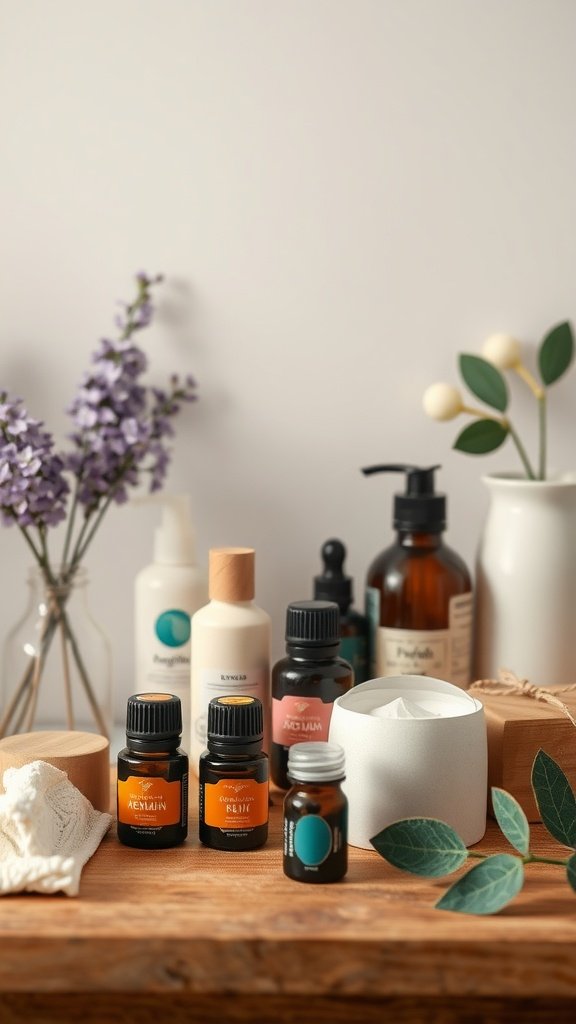 A selection of essential oils and aromatherapy products on a wooden table with flowers and candles.