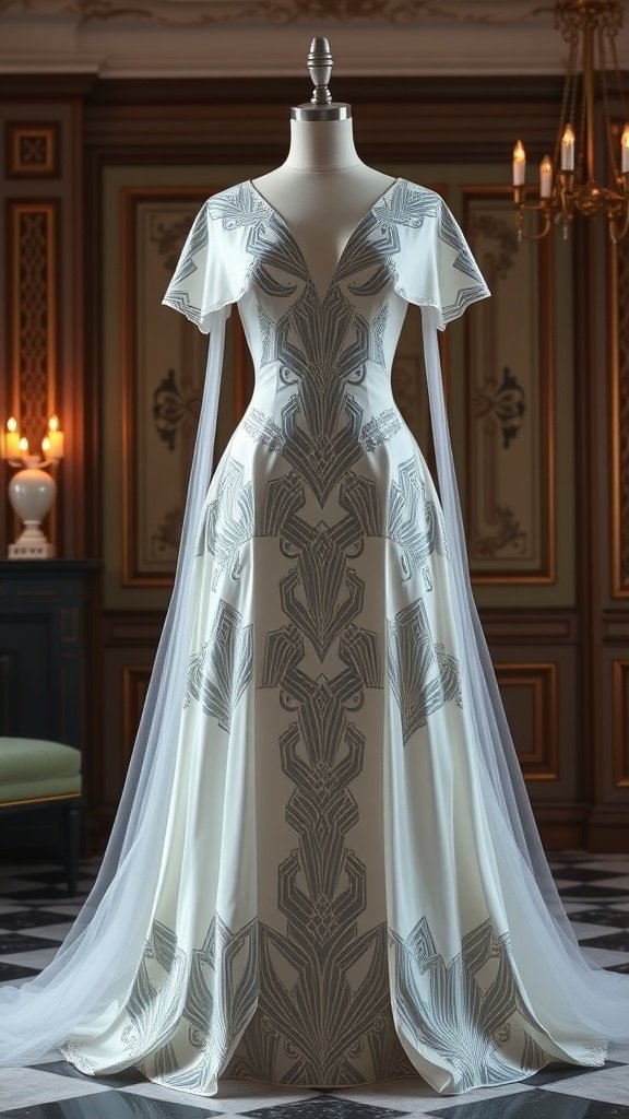 A stunning Art Deco inspired wedding dress with intricate patterns and flowing silhouette.