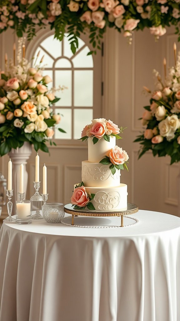 A beautifully decorated wedding cake on a table surrounded by candles and floral arrangements.