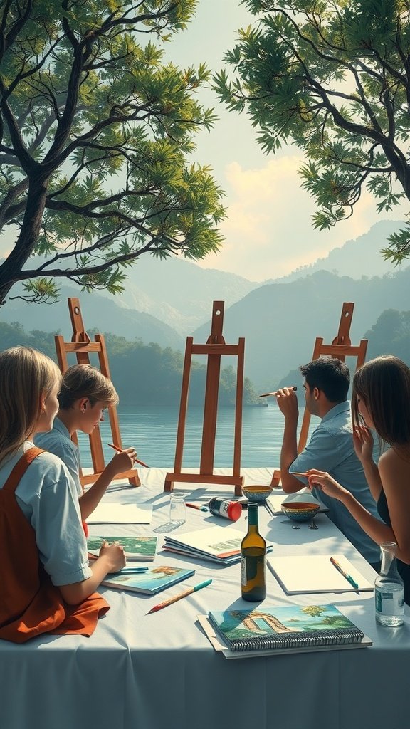 Guests participating in an outdoor canvas painting session for a bridal shower.