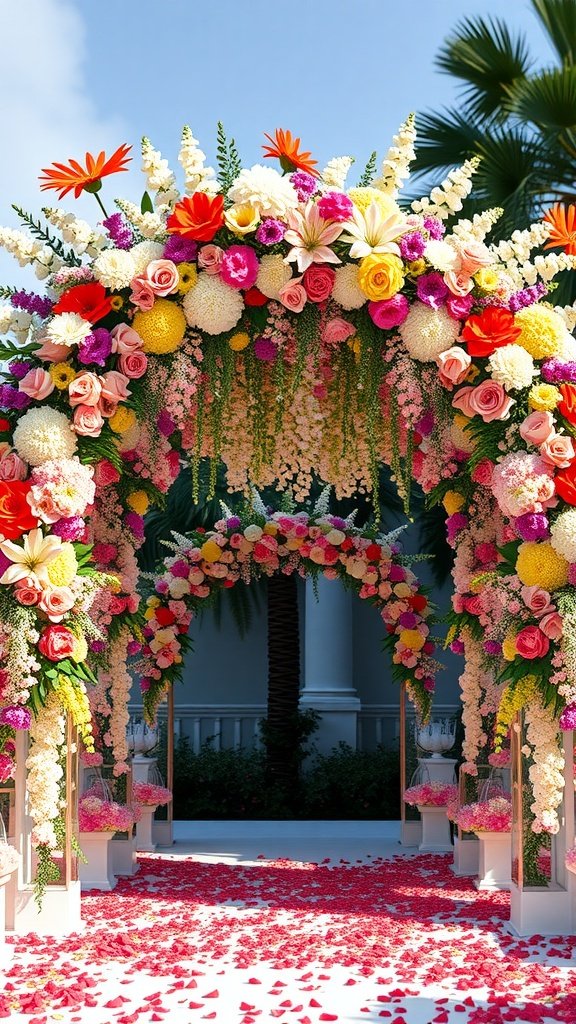 A vibrant floral arch decorated with colorful flowers, leading to an elegant wedding setting.