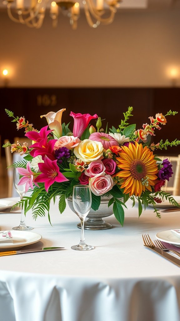 A beautifully arranged floral centerpiece featuring pink lilies, roses, and sunflowers on a wedding table.