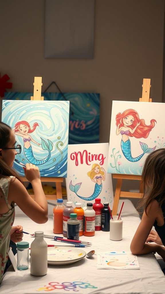 Children painting mermaids on canvases with colorful paints at a birthday party