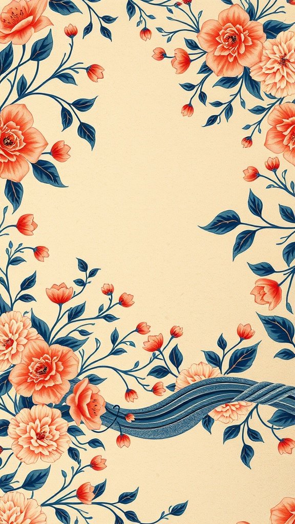35 Stunning Wedding Wallpaper Ideas to Transform Your Venue A floral patterned wallpaper with peach flowers and blue leaves on a beige background.