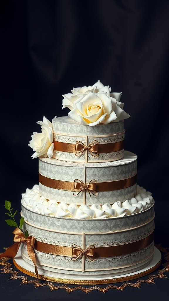 A beautifully designed three-tiered diaper cake for a baby boy, featuring gold ribbons, bows, and faux white roses.