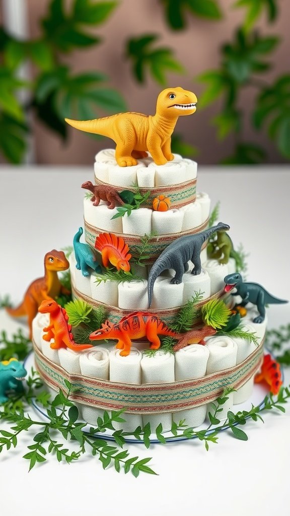 A diaper cake decorated with dinosaur toys, greenery, and ribbon, designed for a baby boy.