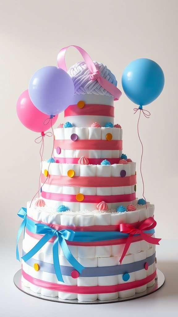 Colorful balloon diaper cake for a baby boy, featuring layers of rolled diapers and decorative accents.