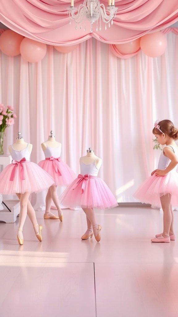 A decorated room for a ballerina dance party with pink tutus and decorations.