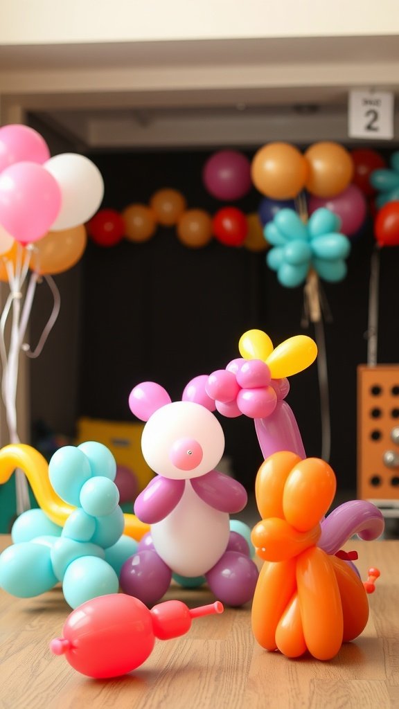 Colorful balloon animals workshop setup with various balloon creations