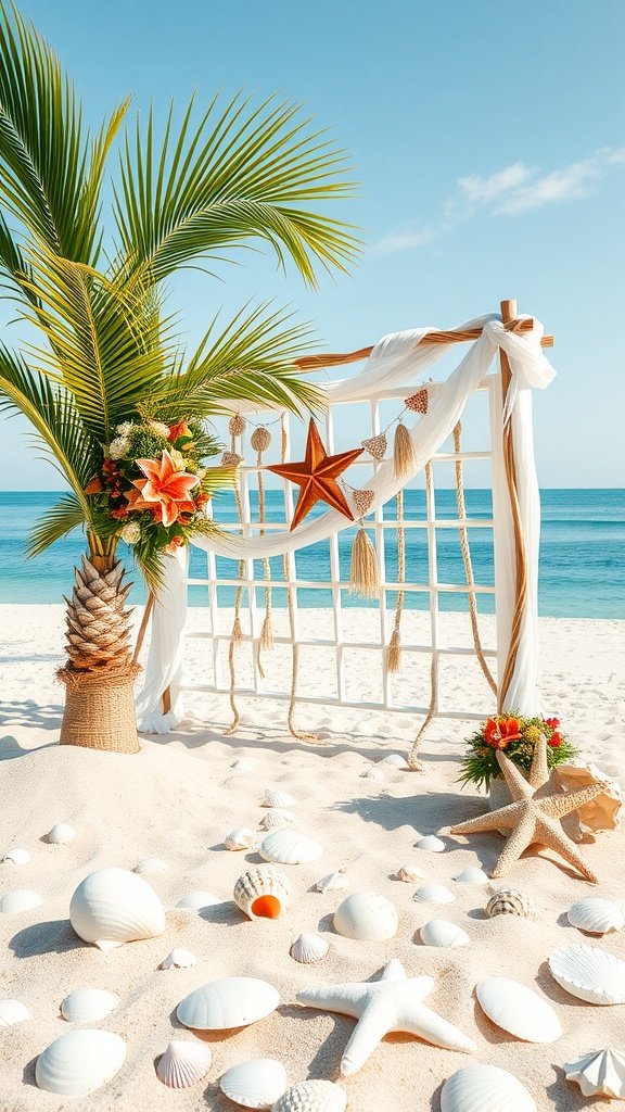 A beach-themed bridal shower setup with a wooden arch, tropical decorations, and seashells on the sand.