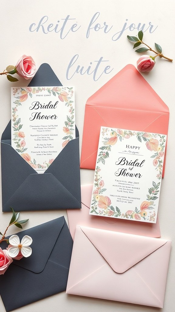 Beautifully designed bridal shower invitations with colorful envelopes and floral accents.