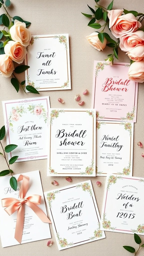 A collection of beautifully designed bridal shower invitations with floral elements and elegant typography, arranged with roses and greenery.