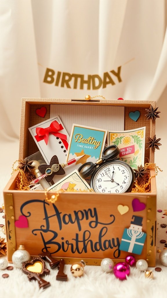 A beautifully decorated birthday time capsule filled with cards, a clock, and festive decorations.
