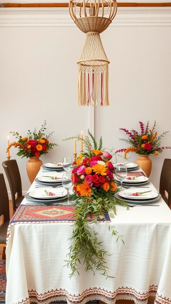 A beautifully arranged bohemian wedding table setting featuring vibrant flowers, elegant glassware, and a woven light fixture.